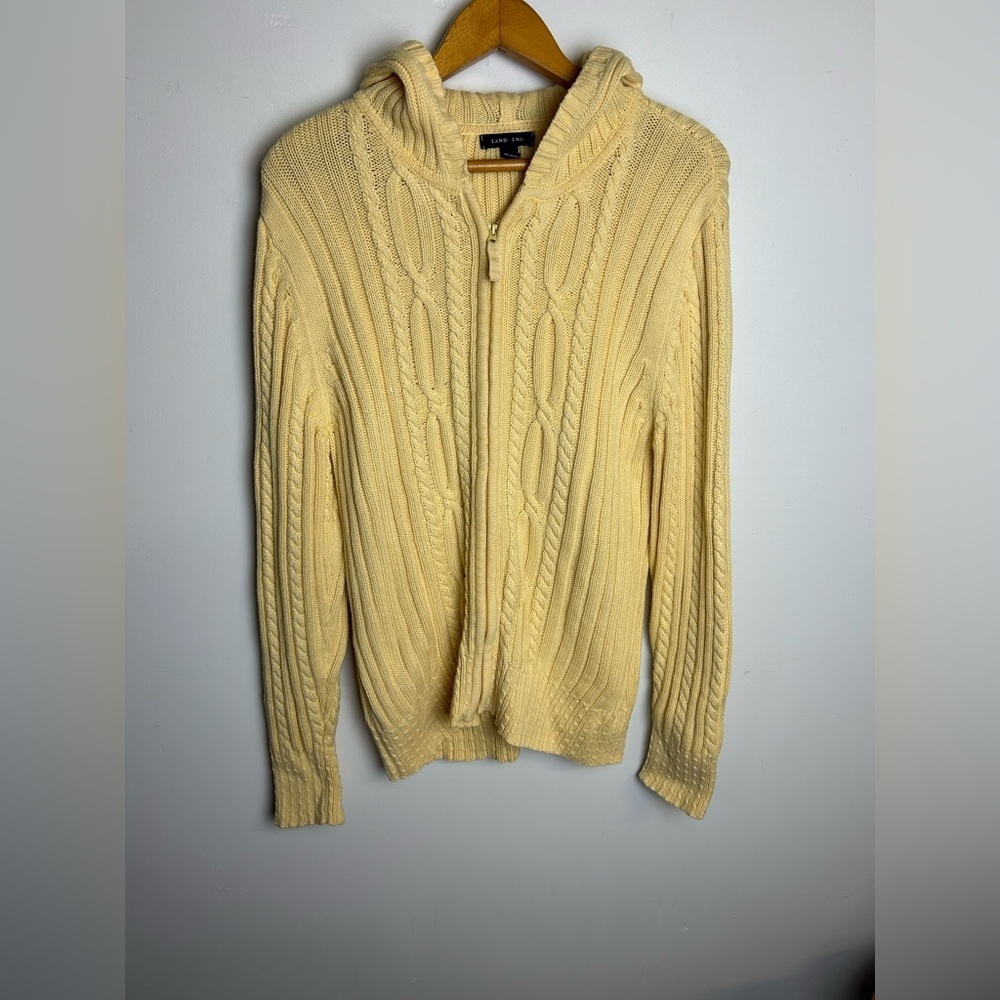 Lads end Cable knit Full Zip Hoodie Yellow Butter‎ Size L old Money Vintage